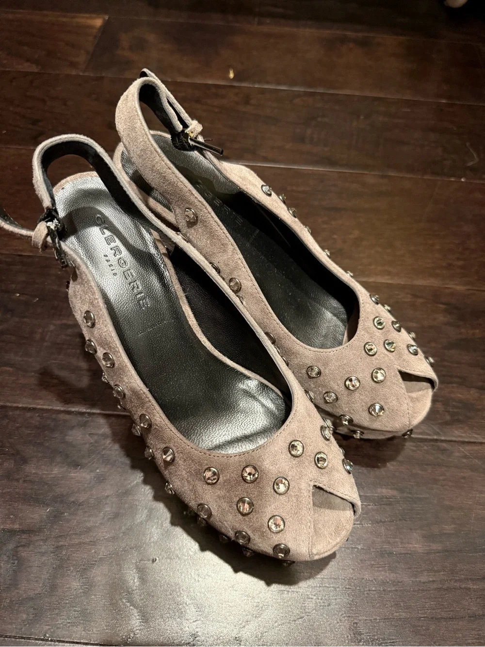 Robert Clergerie Gray Suede Studded Platform Slingbacks